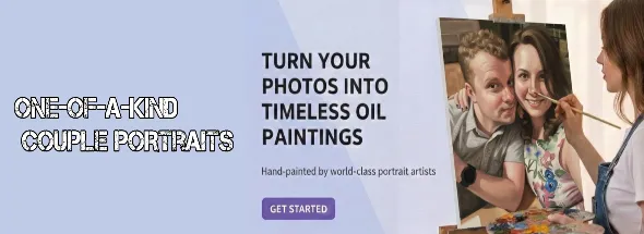 Custom couple portrait service with an artist hand‑painting a playful couple from a photo, showcasing one‑of‑a‑kind hand‑painted oil artwork.